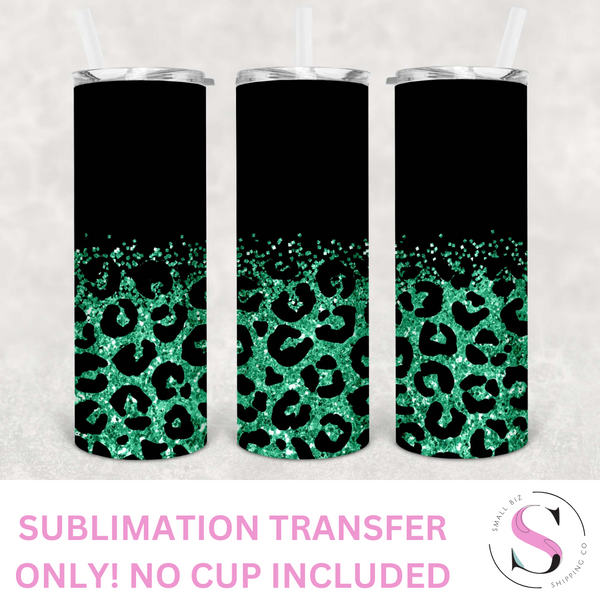 Skinny Tumbler Sublimation Wrap - Matte Black and Emerald Green Glitter Leopard