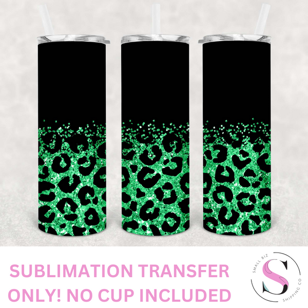 Skinny Tumbler Sublimation Wrap - Matte Black and Green Glitter Leopard
