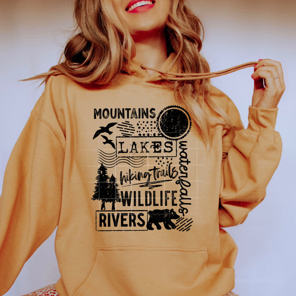 DTF Full Color TShirt Transfer - Mountains Lakes Wildlife - (Black or White)