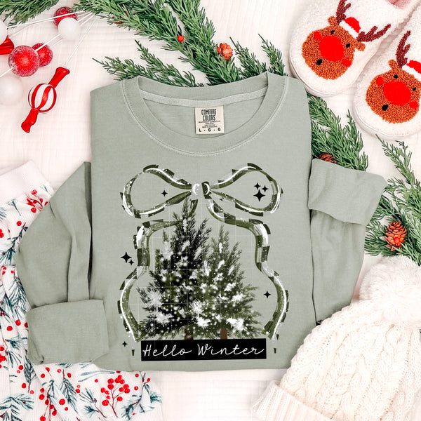 DTF Full Color TShirt Transfer - Hello Winter Tree (White or Black Font)