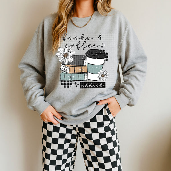 DTF Full Color TShirt Transfer - Books and Coffee Addict - (Black or White)