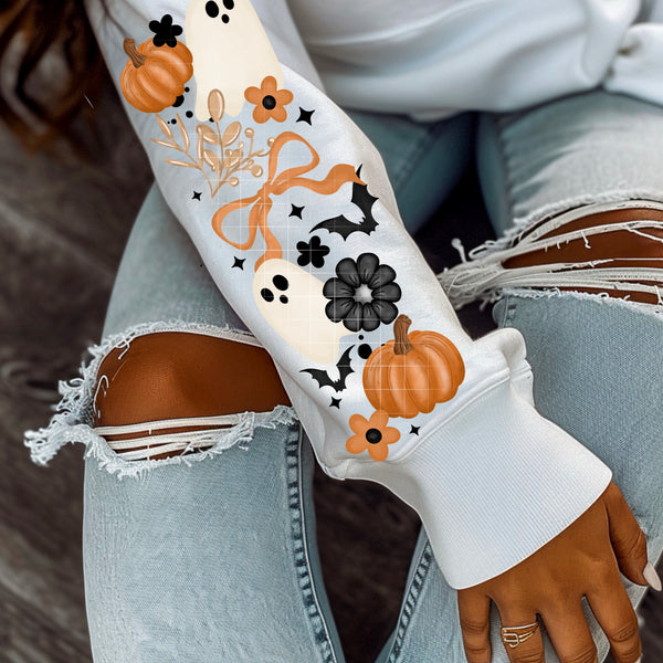DTF Full Color Transfer - Fall Ghosts With Bows & Pumpkins (FREE SLEEVES!)