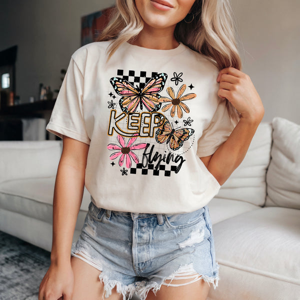 DTF Full Color Transfer - Keep Flying Check Flower Butterfly - Black or White Font!