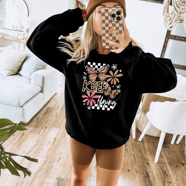 DTF Full Color Transfer - Keep Flying Check Flower Butterfly - Black or White Font!