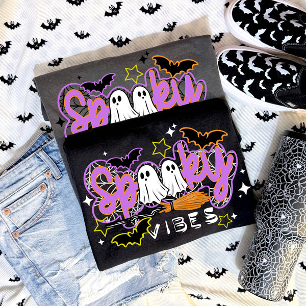 DTF Full Color TShirt Transfer - Spooky Vibes - Black or White - With or Without Sleeves!