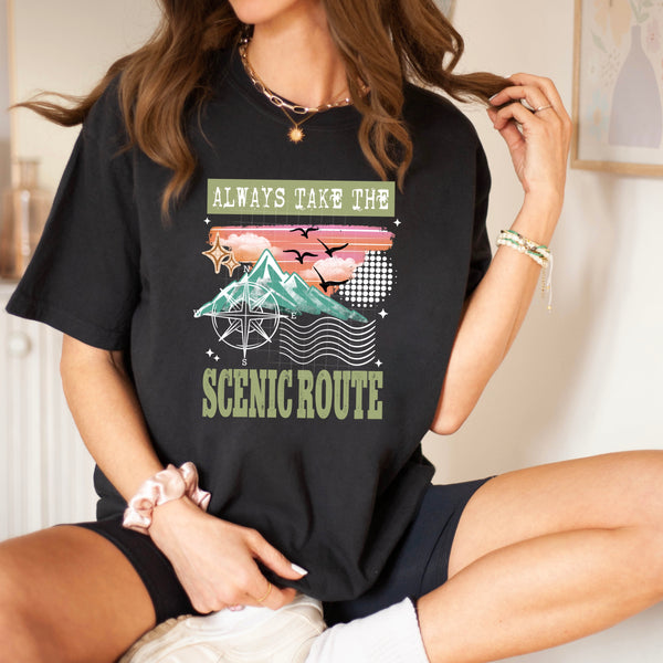 DTF Full Color TShirt Transfer - Always Take The Scenic Route (Black or White)