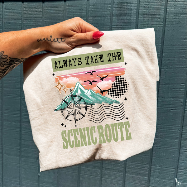 DTF Full Color TShirt Transfer - Always Take The Scenic Route (Black or White)