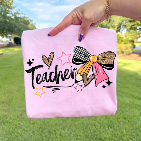 DTF Full Color TShirt Transfer - Pencil Bow Teacher or Para - You Choose!