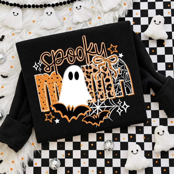 DTF Full Color TShirt Transfer - Spooky Mama Ghost Leopard Webs (White or Black Accents)