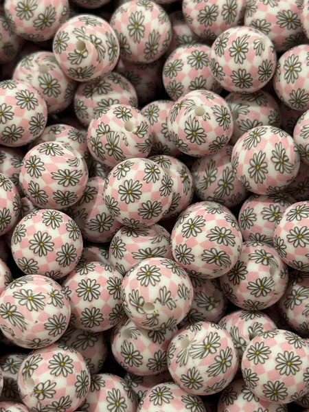 15mm Printed Silicone Bead - *EXCLUSIVE* Pink Checkered Daisies