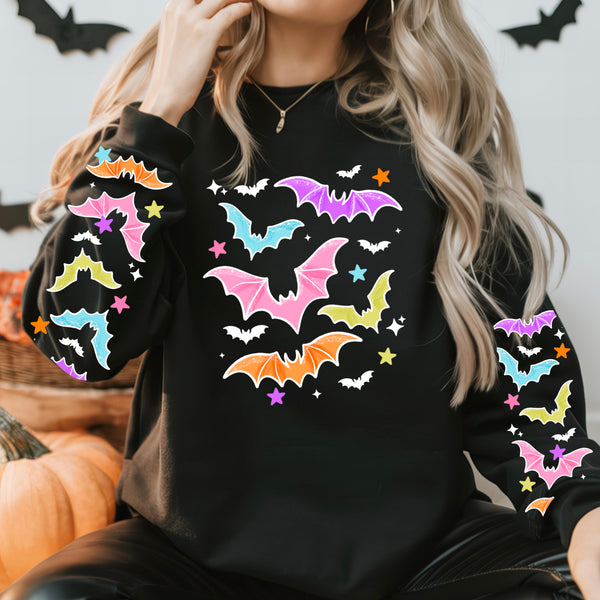 DTF Full Color TShirt Transfer - Bright Halloween Bats (With or Without Sleeves - Black or White)