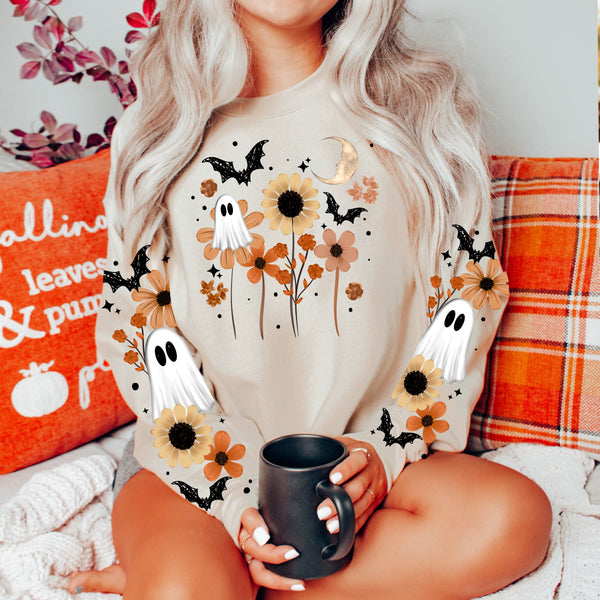 DTF Full Color TShirt Transfer - Fall Flowers Ghosts - With or Without Sleeves