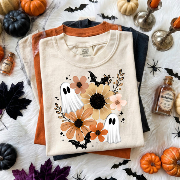 DTF Full Color TShirt Transfer - Fall Flowers Ghosts - With or Without Sleeves