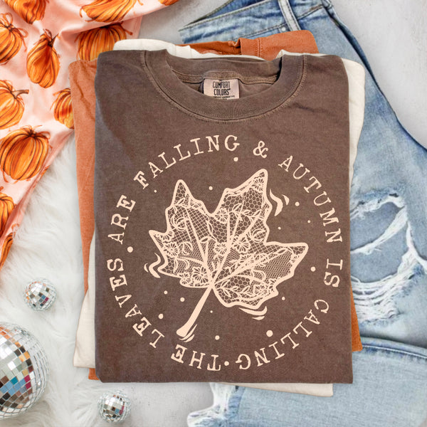DTF Full Color TShirt Transfer - Leaves Are Falling Circle (Brown or Tan Ink)