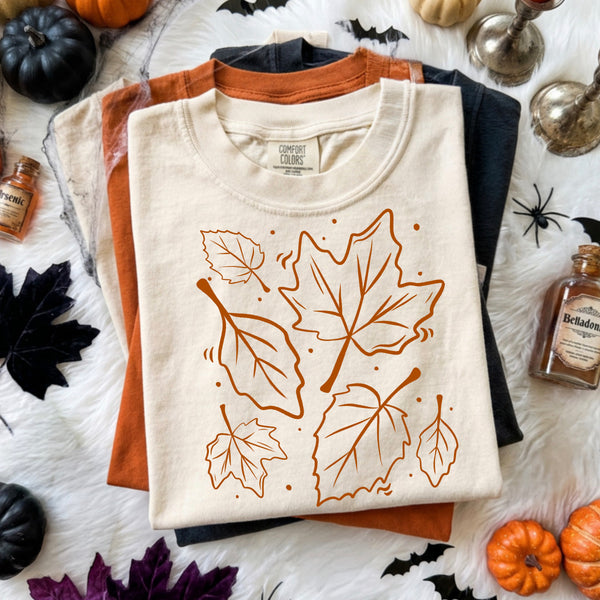 DTF Full Color TShirt Transfer - Fall Leaves Sketch (White or Burnt Orange)