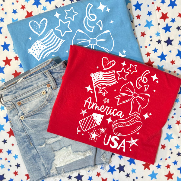 DTF Full Color TShirt Transfer - America USA Sketch (Red or White)