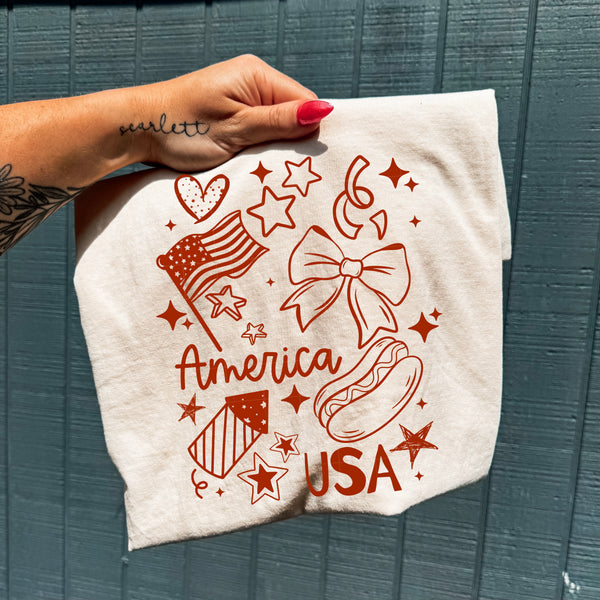 DTF Full Color TShirt Transfer - America USA Sketch (Red or White)
