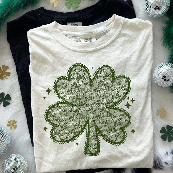 DTF Full Color TShirt Transfer - Faux Lace Shamrock (Dark Green or White)