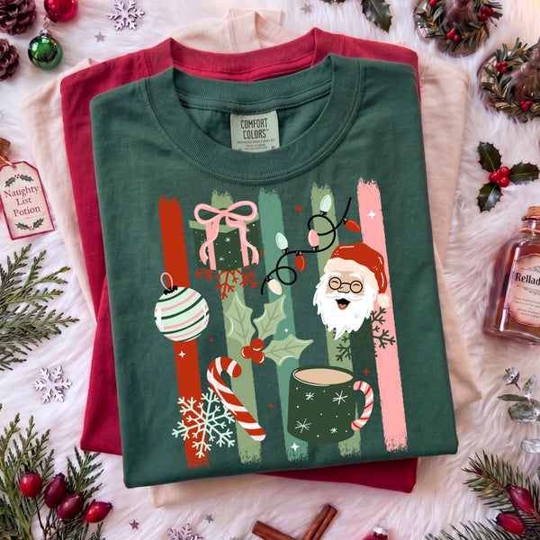DTF Full Color Tshirt Transfer - Stripes & Santa (White or Black Santa - You Pick!)