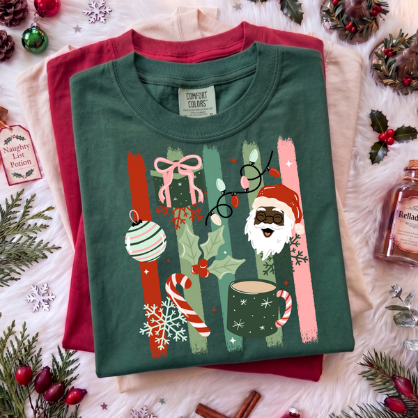 DTF Full Color Tshirt Transfer - Stripes & Santa (White or Black Santa - You Pick!)
