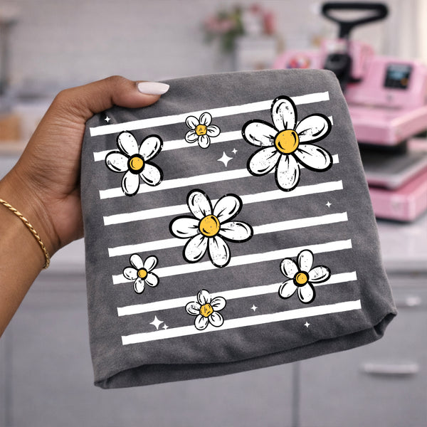 DTF Full Color Tshirt Transfer - Striped Daisies (White or Black Font - You Pick!)