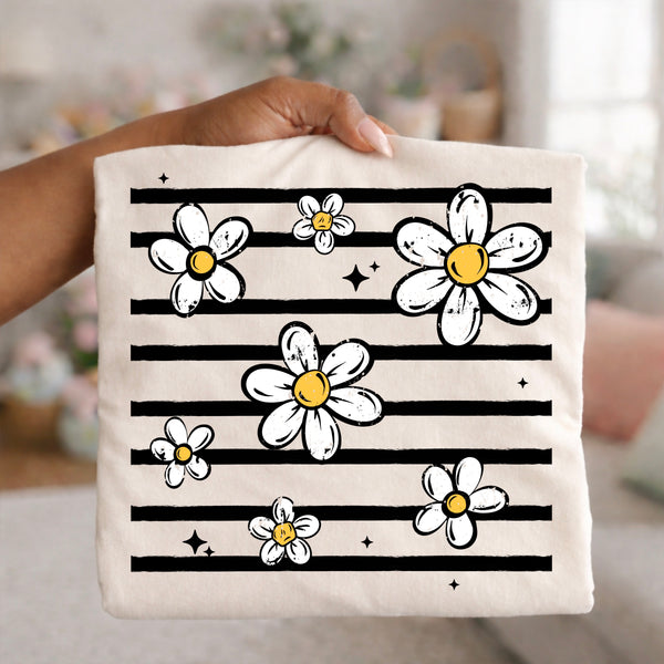 DTF Full Color Tshirt Transfer - Striped Daisies (White or Black Font - You Pick!)