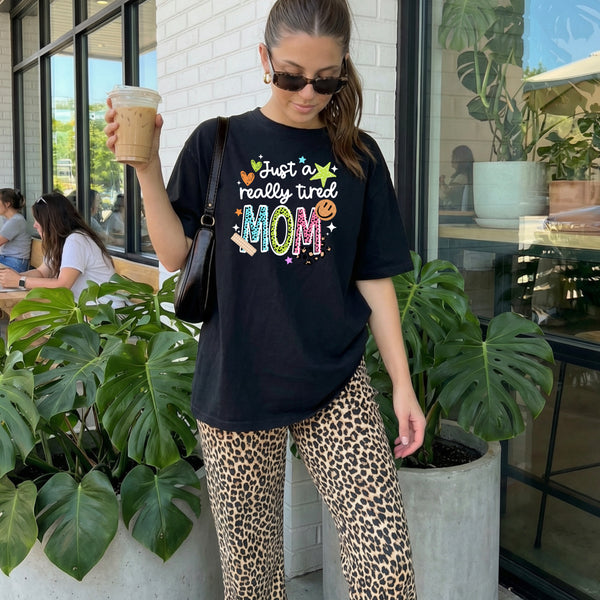DTF Full Color TShirt Transfer - Just A Really Tired Mom - (Black or White)