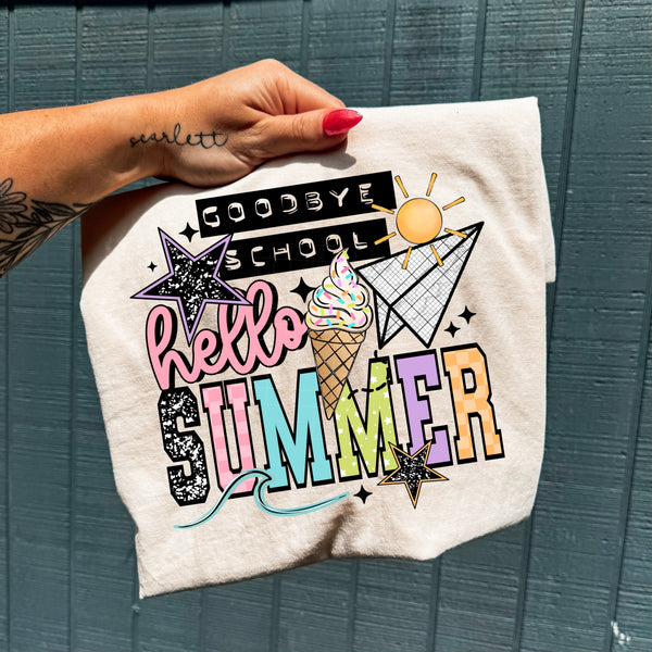 DTF Full Color TShirt Transfer - Goodbye School Hello Summer (Pinks/Purples or Oranges/Blues)