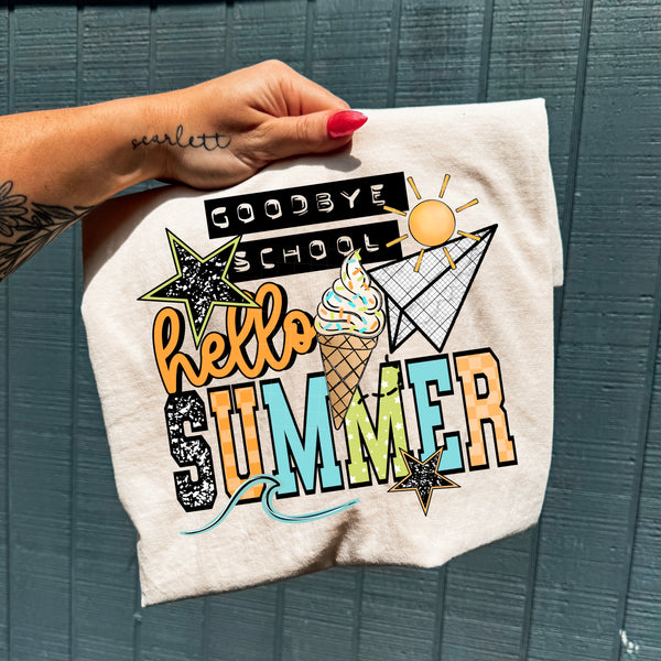 DTF Full Color TShirt Transfer - Goodbye School Hello Summer (Pinks/Purples or Oranges/Blues)