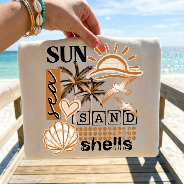 DTF Full Color TShirt Transfer - Sun Sea Sand Shells - (Black or White)