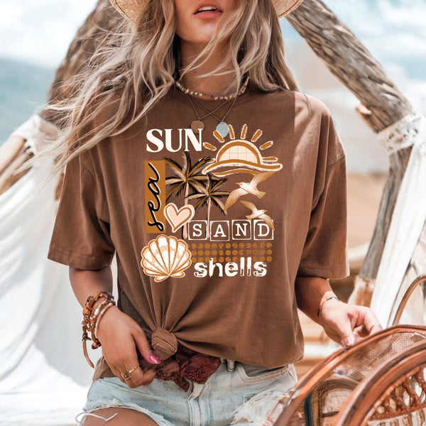 DTF Full Color TShirt Transfer - Sun Sea Sand Shells - (Black or White)