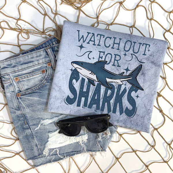 DTF Full Color TShirt Transfer - Watch Out For Sharks - (Dark Blue or Light Blue)