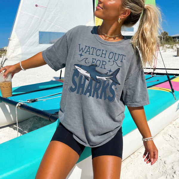 DTF Full Color TShirt Transfer - Watch Out For Sharks - (Dark Blue or Light Blue)