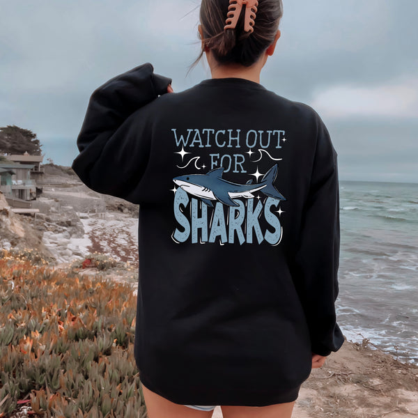 DTF Full Color TShirt Transfer - Watch Out For Sharks - (Dark Blue or Light Blue)