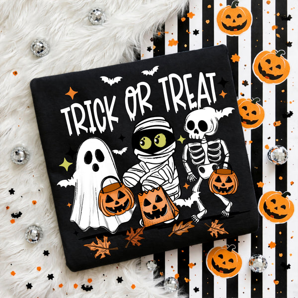 DTF Full Color TShirt Transfer - Trick or Treat Ghost Mummy Skelly (Black or White)