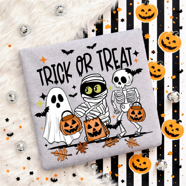 DTF Full Color TShirt Transfer - Trick or Treat Ghost Mummy Skelly (Black or White)