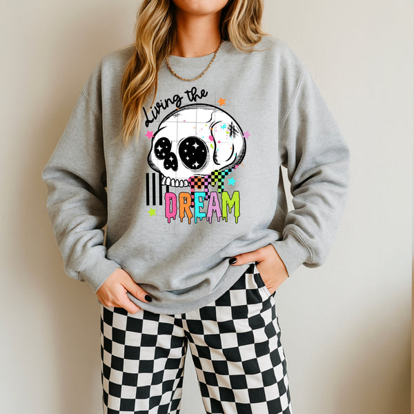 DTF Full Color TShirt Transfer - Living the Dream Skull (White or Black Font)