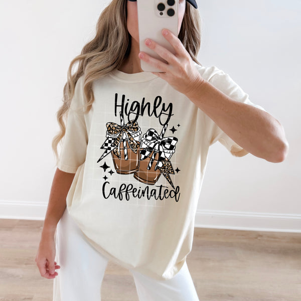 DTF Full Color TShirt Transfer - Highly Caffeinated Checkered Bow - (Black or White)