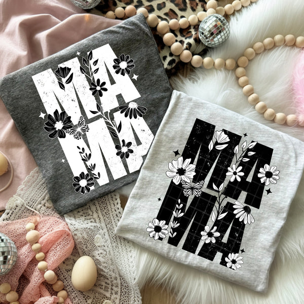 DTF Full Color TShirt Transfer - Mama/Mini Black or White Floral - You Pick Black or White!