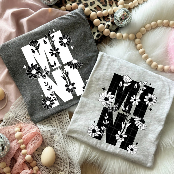 DTF Full Color TShirt Transfer - Mama/Mini Black or White Floral - You Pick Black or White!