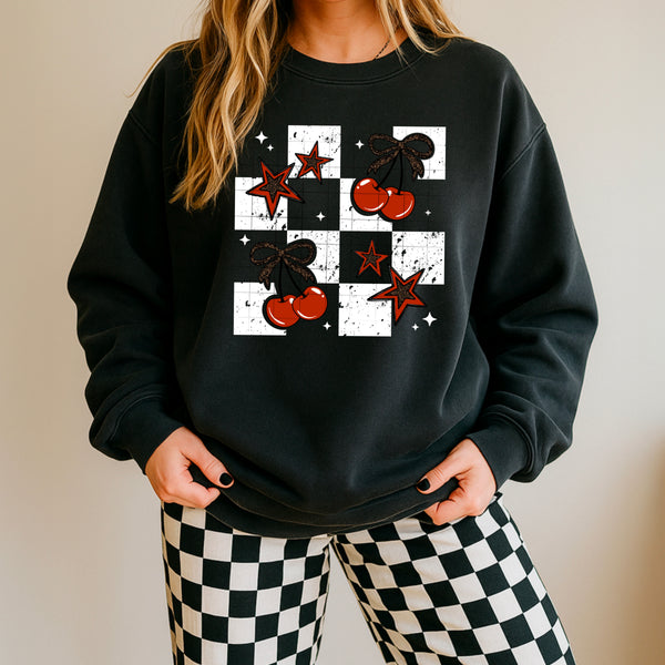 DTF Full Color TShirt Transfer - Checkered Cherries Stories (Black or White Font!)