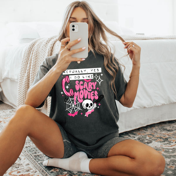 DTF Full Color TShirt Transfer - Actually I Do Like Scary Movies - (Black or White)