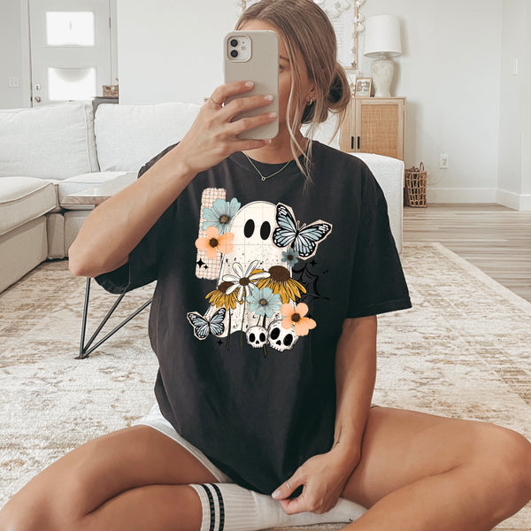 DTF Full Color TShirt Transfer - Spring Flowers Ghostie - With or Without Sleeves!