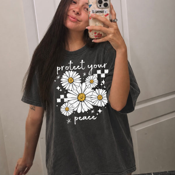 DTF Full Color Tshirt Transfer - Protect Your Peace Daisies (White or Black Font - You Pick!)