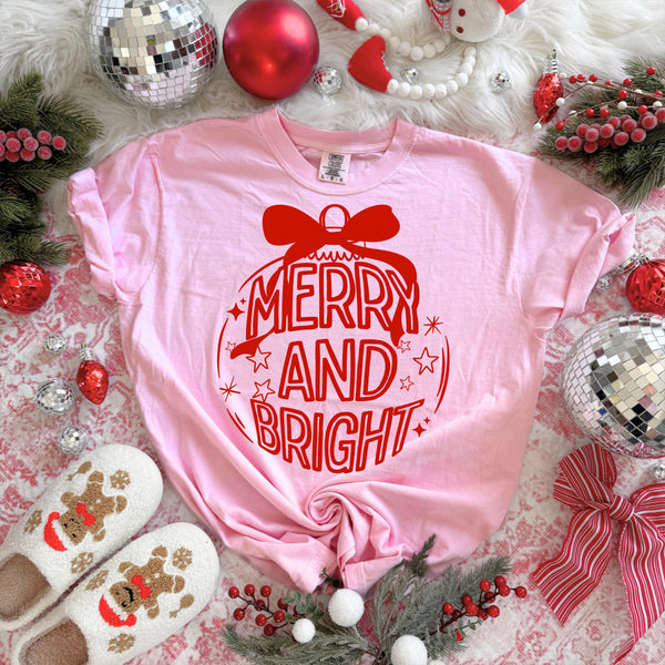 DTF Full Color Tshirt Transfer - Merry & Bright Ornament (White or Red Font - You Pick!)