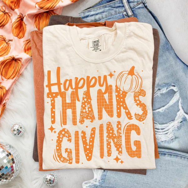 DTF Full Color Tshirt Transfer - Happy Thanks Giving Dots (Orange or Tan Font - You Pick!)