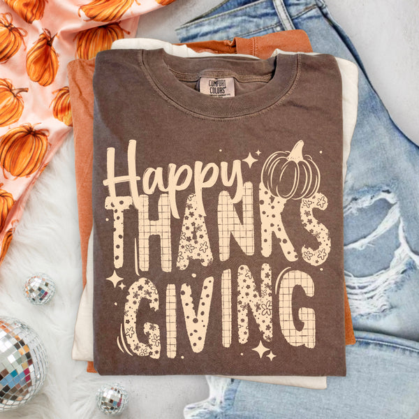 DTF Full Color Tshirt Transfer - Happy Thanks Giving Dots (Orange or Tan Font - You Pick!)