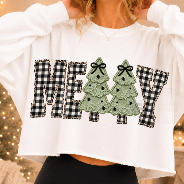 DTF Full Color Tshirt Transfer - MERRY Gingham Trees (White or Green Trees)