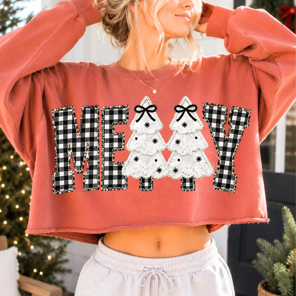 DTF Full Color Tshirt Transfer - MERRY Gingham Trees (White or Green Trees)