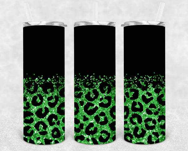 Skinny Tumbler Sublimation Wrap - Matte Black and Grass Green Glitter Leopard